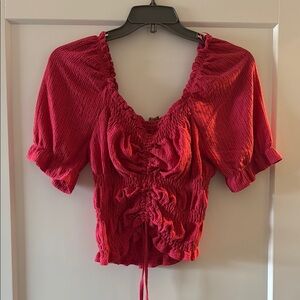 Pilcro Red Puff Sleeve Ruched Blouse